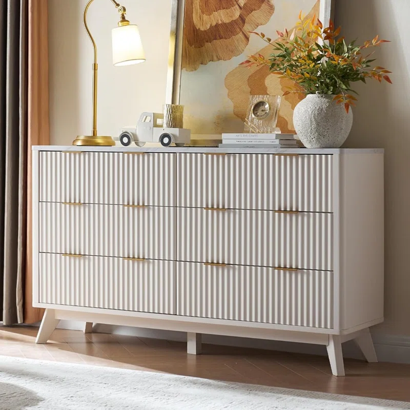 6-drawers-dresser Modern White Chest of Drawers With Ribbed Detailing – Sleek Storage Cabinet | Cozycraft UAE - Image 1