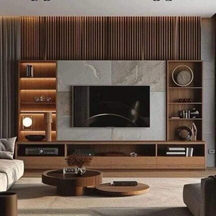 Solaro Marble‑Wood Media Wall with Storage – Modern Floating TV Console | CozyCraft UAE