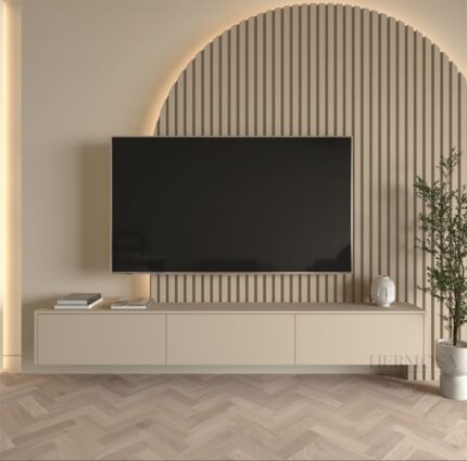 Arch Slat Wall-Panelled Media Wall with Floating TV Console | CozyCraft UAE