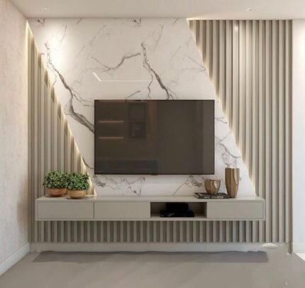 Marble Media Wall with TV Console – Sleek Wall-Mounted Media Unit | CozyCraft UAE