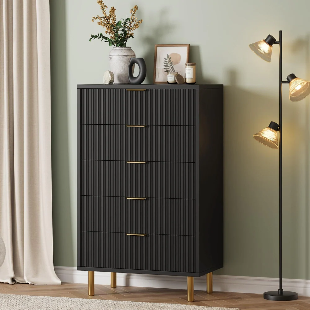 lp-chest-5 Luxurious Black Ribbed Drawer Chest With Golden Legs – Elegant Storage Cabinet | Cozycraft UAE - Image 1
