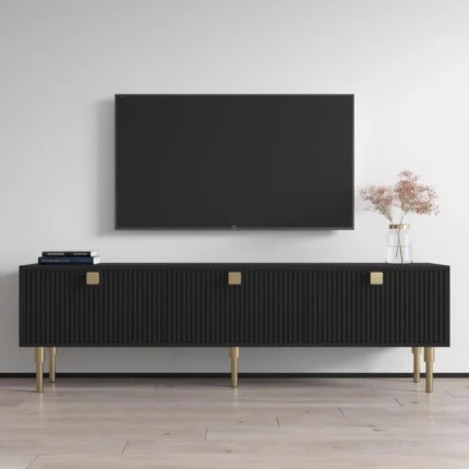 LunaBlack Sleek Ribbed TV Console – Modern Black Media Unit | CozyCraft UAE
