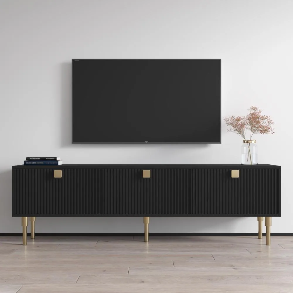 lp-tv-21 (1) LunaBlack Sleek Ribbed TV Console – Modern Black Media Unit | CozyCraft UAE - Image 1