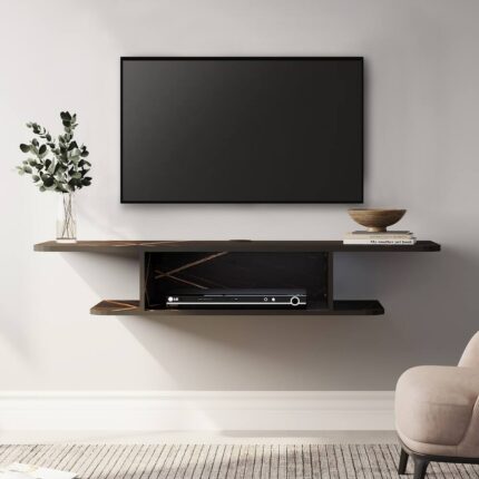 Wall‑Mounted Two‑Tone TV Unit with Wooden Panel Backdrop – Modern Media Cabinet | CozyCraft UAE