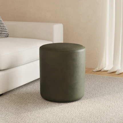 Urban Khaki Leather Ottoman Stool – Compact Round Ottoman for Living Room – CozyCraft UAE