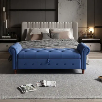 Modern Navy Blue Storage Bench with Rolled Arms – Bed & Entryway Ottoman | CozyCraft UAE